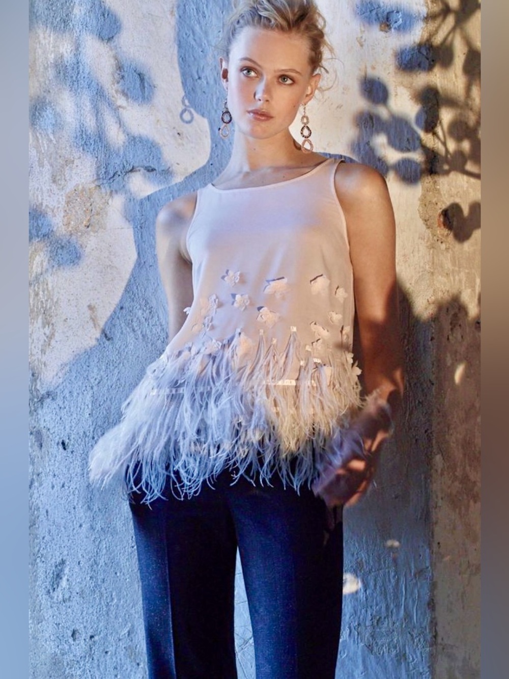 Moulinette Soeurs Sleeveless Floral Applique Feathered Embellished Hem Blouse